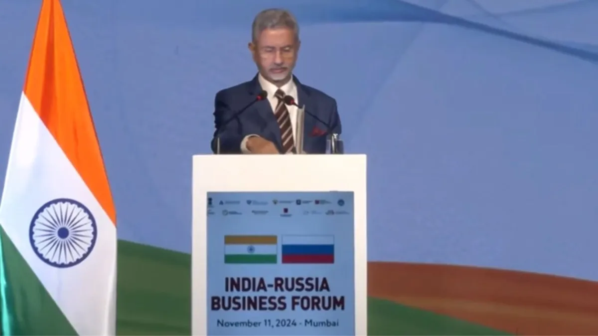 External Affairs Minister S. addressing the India-Russia Business Forum in Mumbai on Monday. Jaishankar.- India TV Paisa